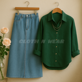 PAIR OF DENIM SKIRT WITH DARK GREEN BUTTON DOWN SHIRT